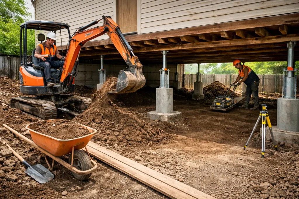 Digouts Brisbane service creating under-house access beneath a raised home
